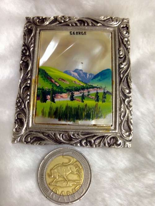 Souvenir GEORGE*Mother Of Pearl Framed rural scene in Silver tone  Frame own easel stand