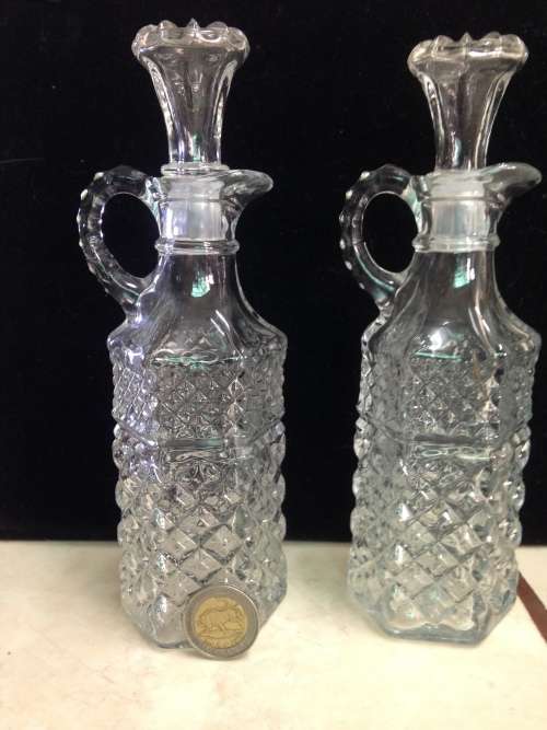 Cut Glass Crystal Oil+Vinegar Condiment set 2 decanters 2 salts EPNS lidLOOK At My BUY NOW LISTING