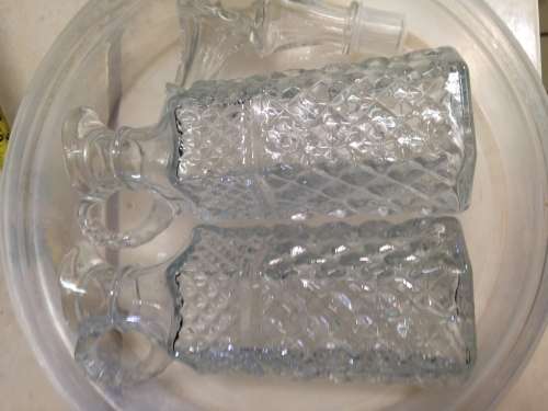 Cut Glass Crystal Oil+Vinegar Condiment set 2 decanters 2 salts EPNS lidLOOK At My BUY NOW LISTING