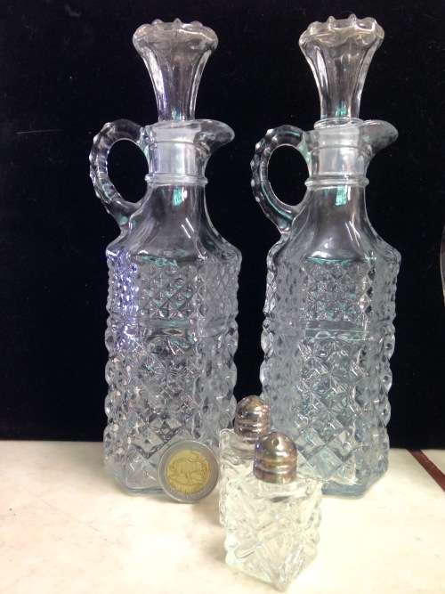 Cut Glass Crystal Oil+Vinegar Condiment set 2 decanters 2 salts EPNS lidLOOK At My BUY NOW LISTING