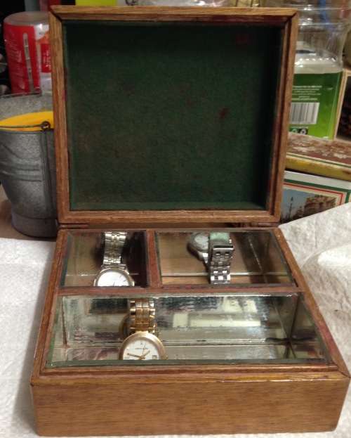 Lovely Old wood box + 3 Watches For SPARES Showing ware