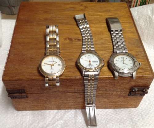 Lovely Old wood box + 3 Watches For SPARES Showing ware