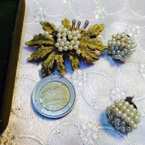 BROOCH 22 CT Gold Hardcore Clad +faux Pearl some lost+ Earrings silver plate