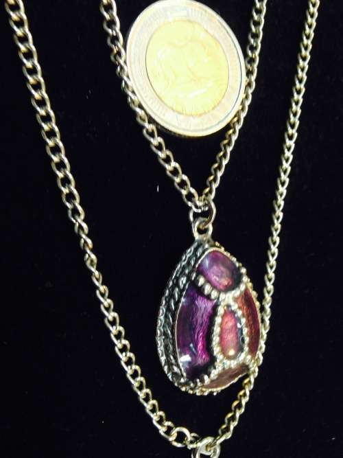 Necklace - Pendant Egyptian SCARAB Cloisonne PURPLE ENAMEL TRIM +  metal CHAIN silver tone