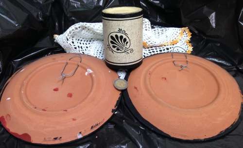 EXQUISITE GREEK hand Decorated 2 Wall Plates+1Beaker