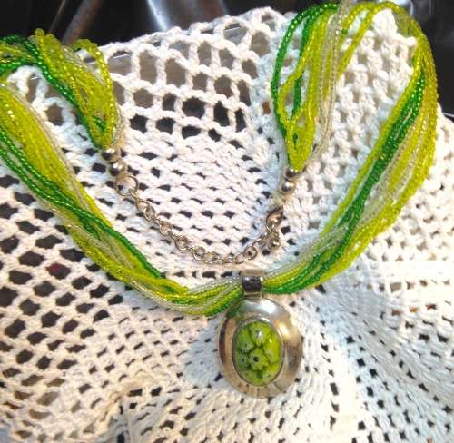 Necklace Murano pendant inside 7 mille fiori flowers  silver setting on multi strands bead