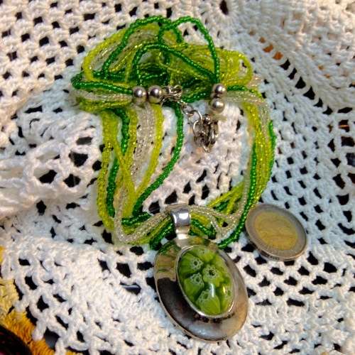 Necklace Murano pendant inside 7 mille fiori flowers  silver setting on multi strands bead