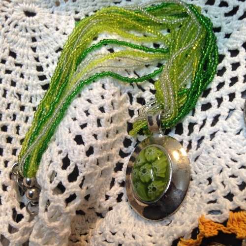 Necklace Murano pendant inside 7 mille fiori flowers  silver setting on multi strands bead