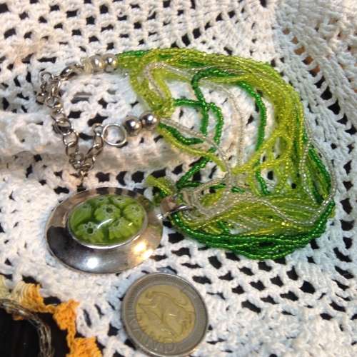 Necklace Murano pendant inside 7 mille fiori flowers  silver setting on multi strands bead