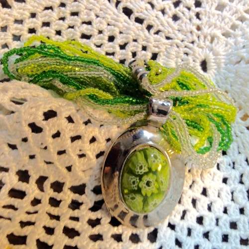 Necklace Murano pendant inside 7 mille fiori flowers  silver setting on multi strands bead
