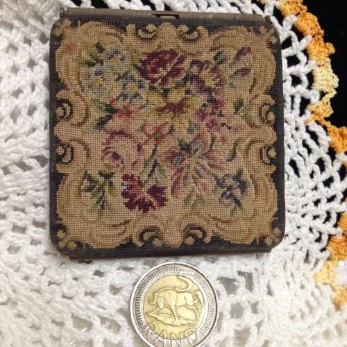 Antique  POWDER COMPACT metal Embroidered material exterior interior has mirror LOOK At My BUY NOW