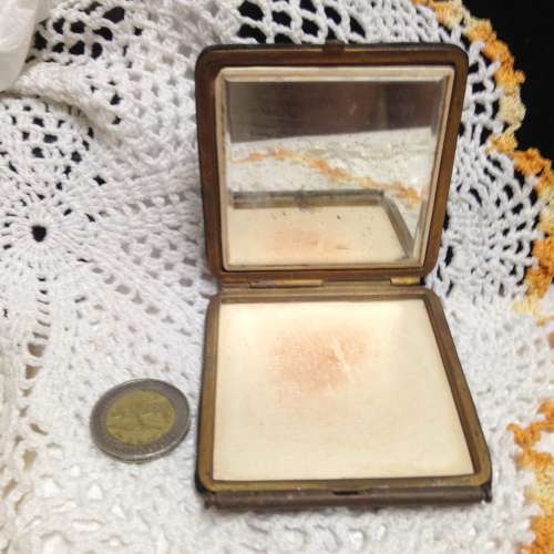 Antique  POWDER COMPACT metal Embroidered material exterior interior has mirror LOOK At My BUY NOW