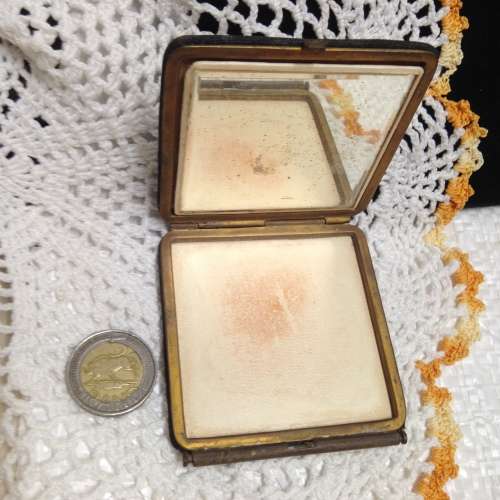 Antique  POWDER COMPACT metal Embroidered material exterior interior has mirror LOOK At My BUY NOW