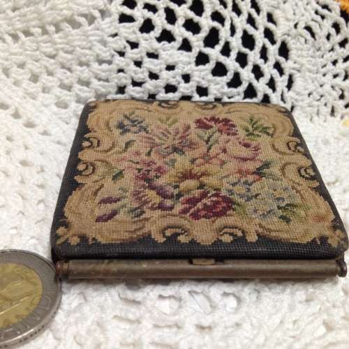 Antique  POWDER COMPACT metal Embroidered material exterior interior has mirror LOOK At My BUY NOW