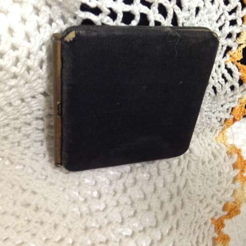 Antique  POWDER COMPACT metal Embroidered material exterior interior has mirror LOOK At My BUY NOW