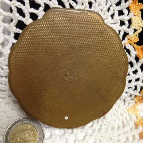 Powder Compact -Maker IRIS Orange Rose Engine turned back decor Gold tone metal