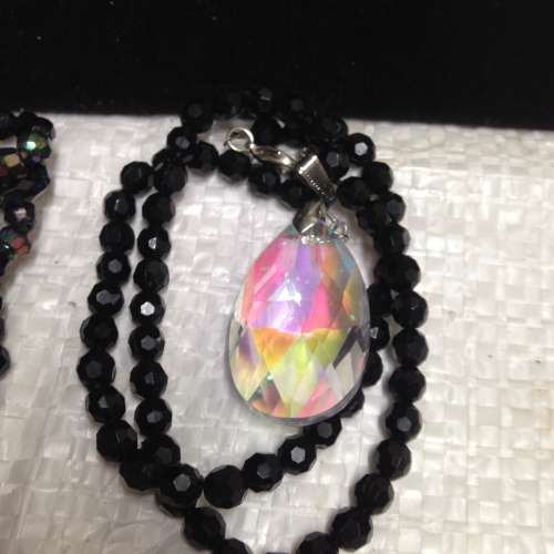 Necklace Pendant large tear drop Cut glass + Bracelet cut jet black crystals synthetic