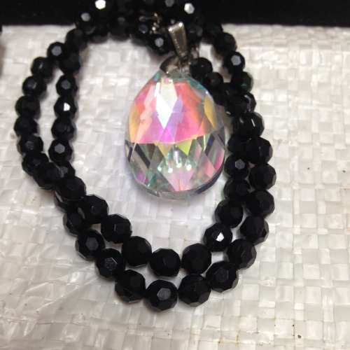 Necklace Pendant large tear drop Cut glass + Bracelet cut jet black crystals synthetic