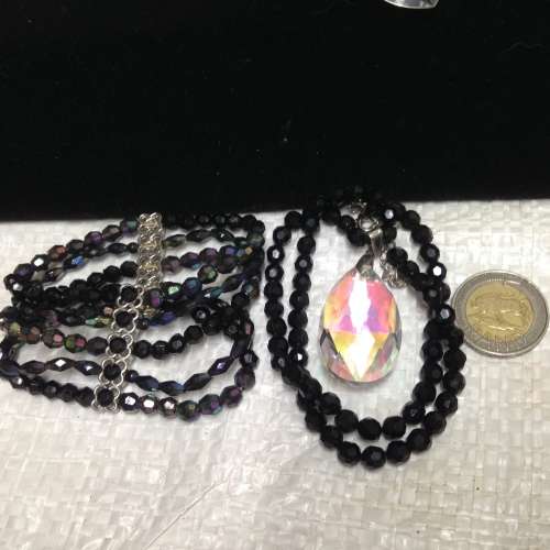 Necklace Pendant large tear drop Cut glass + Bracelet cut jet black crystals synthetic