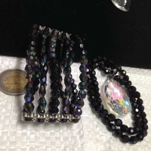 Necklace Pendant large tear drop Cut glass + Bracelet cut jet black crystals synthetic