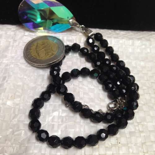 Necklace Pendant large tear drop Cut glass + Bracelet cut jet black crystals synthetic