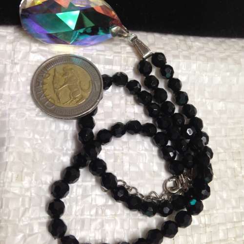Necklace Pendant large tear drop Cut glass + Bracelet cut jet black crystals synthetic