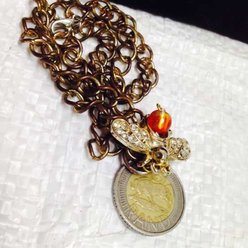 Necklace - Pendant Bee Crystals body orange bead On gold Tone metal chain