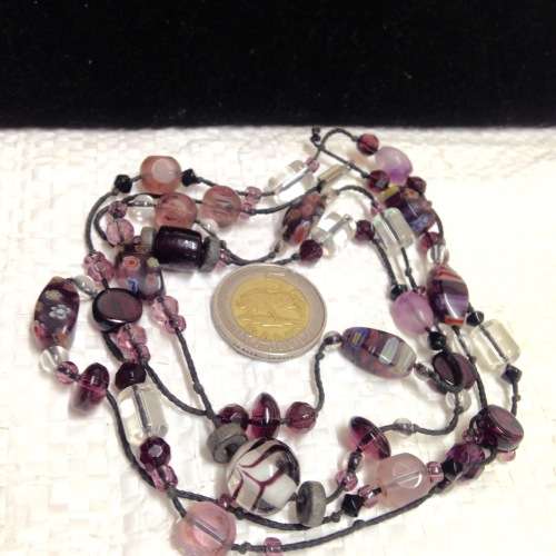 Necklace Italian clear art Purple -pink - Fiori lampwork glass beads long vintage