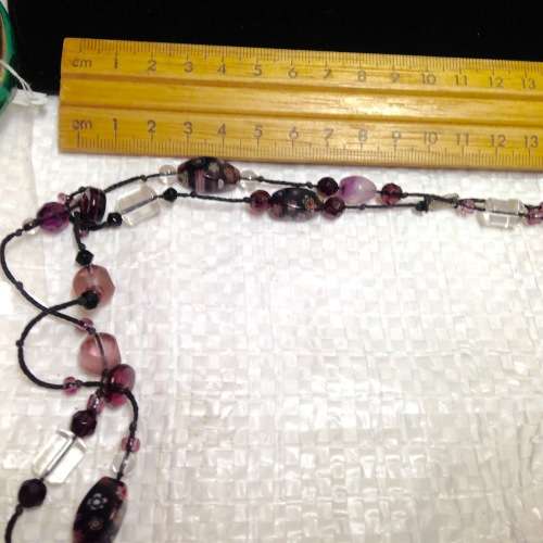 Necklace Italian clear art Purple -pink - Fiori lampwork glass beads long vintage
