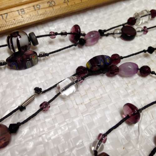 Necklace Italian clear art Purple -pink - Fiori lampwork glass beads long vintage
