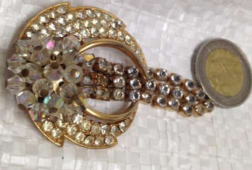 BROOCH - Crescent moon crystal embellished gilt tone metal Look At My BUY NOW-NO WAITING