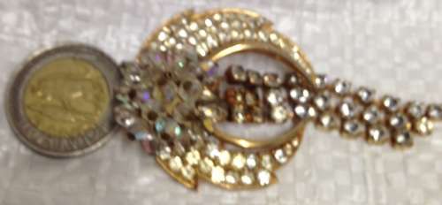 BROOCH - Crescent moon crystal embellished gilt tone metal Look At My BUY NOW-NO WAITING