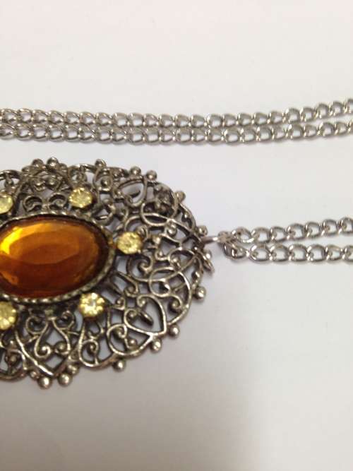 BROOCH FILIGREE Silver Tone metal Large AMBER Glass Stone - Crystals