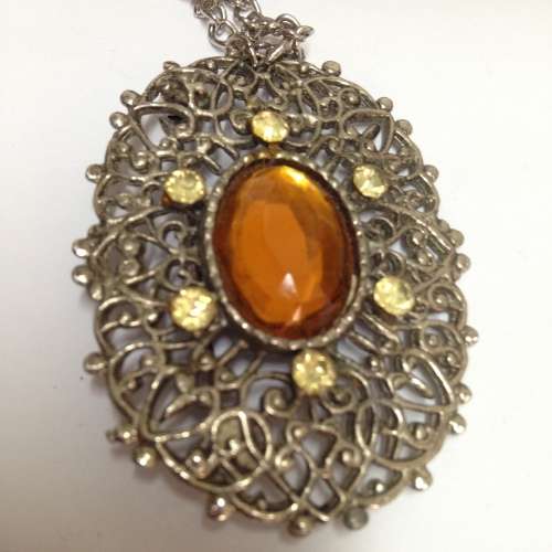 BROOCH FILIGREE Silver Tone metal Large AMBER Glass Stone - Crystals