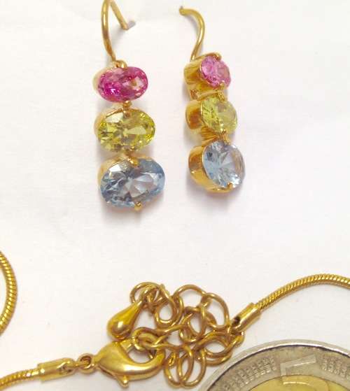 Necklace+Earrings - Set multiple colour small stones Chain gold Tone metal