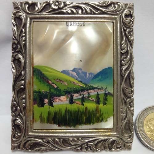 Souvenir GEORGE*Mother Of Pearl Framed rural scene in Silver tone  Frame own easel stand