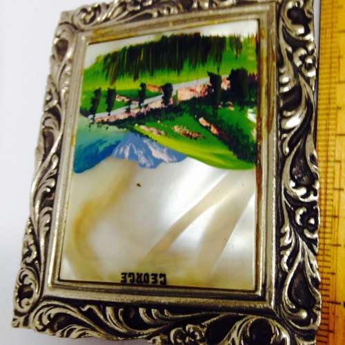 Souvenir GEORGE*Mother Of Pearl Framed rural scene in Silver tone  Frame own easel stand