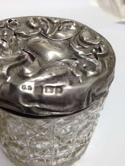 circa1930 Birmingham hallmarked SILVER lidHobnail Glass jar