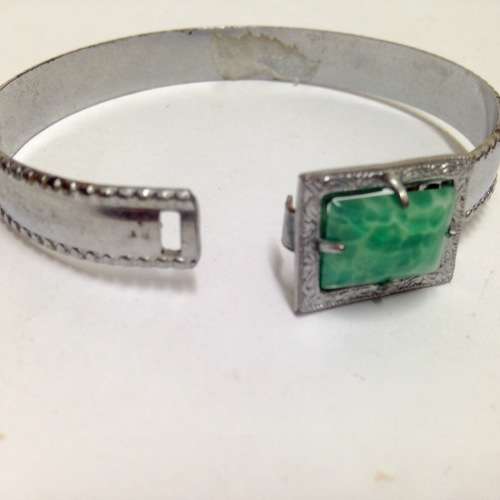 Bangle Silver Tone Metal Green stone composite Look at My BUY NOW listings NO WAITING