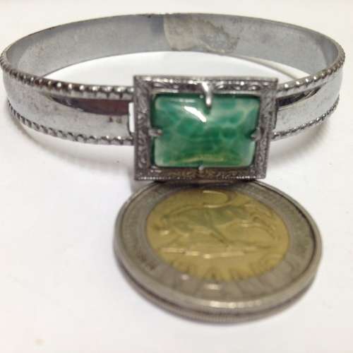 Bangle Silver Tone Metal Green stone composite Look at My BUY NOW listings NO WAITING