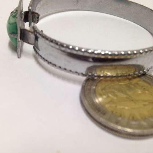 Bangle Silver Tone Metal Green stone composite Look at My BUY NOW listings NO WAITING