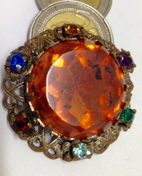 BROOCH ACROSTIC jewellery hidden Love message spelt by colours of small stones  big Cut Glass Stone