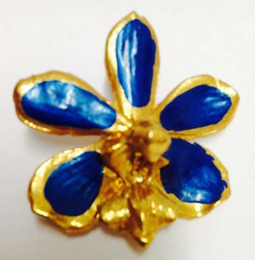 Orchid Gold Blue trim NECKLACE /Brooch Pin +Chain stamped 18 k GP on Link