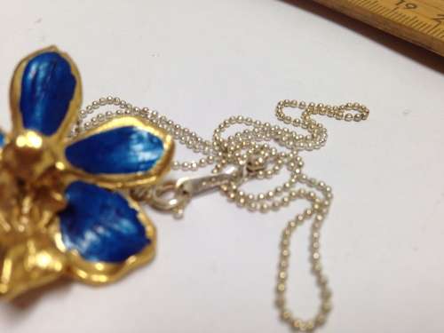 Orchid Gold Blue trim NECKLACE /Brooch Pin +Chain stamped 18 k GP on Link