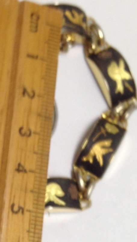 Bracelet vintage DAMASK bird scene 7 links has safety chain