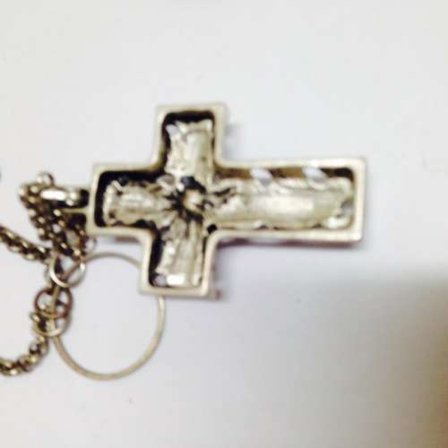 Necklace - Cross  huge central pink crystal chain silver tone has attractive decorative rings