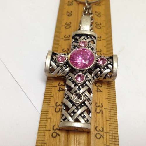 Necklace - Cross  huge central pink crystal chain silver tone has attractive decorative rings