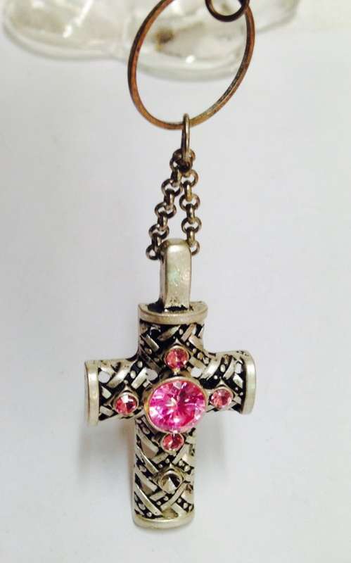 Necklace - Cross  huge central pink crystal chain silver tone has attractive decorative rings