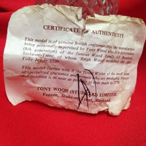 Toby Jug - TONY WOOD Studio artist signed certificate of authenticity
