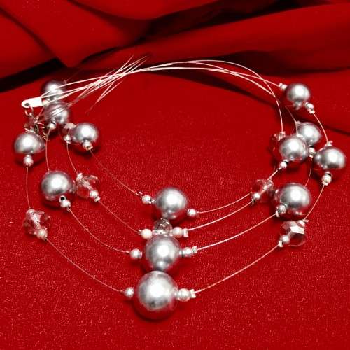 Necklace - Bib 4 srand Cut Glass Crystal Silver Acrylic Balls Silver Tone Metal